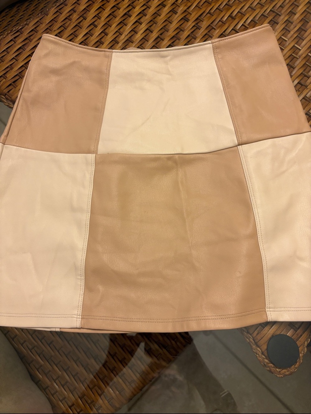 Two-Tone Faux Leather A-Line Mini Skirt in Beige and Tan